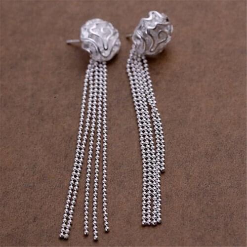 Beautiful roses Beads chain silver color stud earrings high quality hot classic burst models silver jewelry Wedding e048