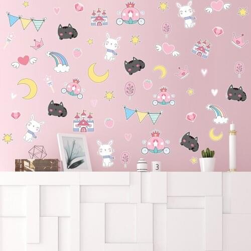 [shijuekongjian] Cartoon Animals Colored Flags Wall Stickers DIY Rabbits Cats Wall Decals for Kids Room Baby Bedroom Decoration