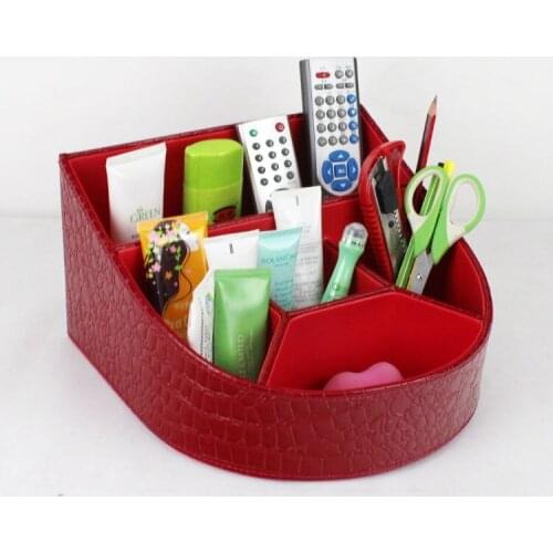 Stylish 5-slot slanted wood leather desktop cosmetics case storage box organizer for makeup 262B