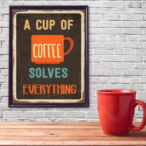 Funny Retro Coffee Sign Canvas Prints Cafe Shop Wall Art Poster Decor A Cup of Coffee Solves Everything Vintage Painting Picture