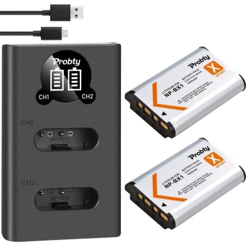 PROBTY 2Pcs NP-BX1 NP BX1 Batteries + LED Charger For Sony DSC-RX100 DSC-WX500 IV RX10 II HX300 WX300 HDR-AS15 CX240E MV1 AS30V
