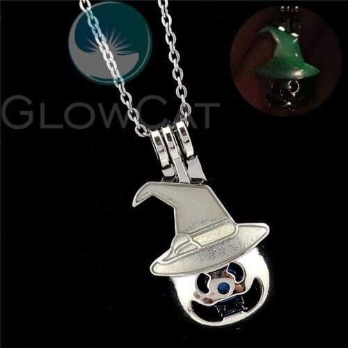 Green Glow in the Dark Witch Hat Pumpkin Lantern Bead Cage Pendant Perfume Diffuser Pearl Cage Locket Necklace R-K1022
