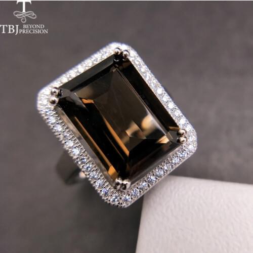 TBJ,Classic big size gemstone ring with Natural smoky oct10*14mm in 925 sterling silver special gemstone jewelry gift for women