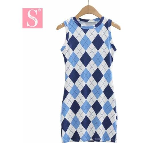 STVY 2021 Summer Slim Mini Dress Sexy Blue Diamond Plaid Tight O-Neck High Waist Sleeveless Buttocks Dresses Vestidos
