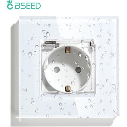 BSEED EU Standard Power Socket White Glass Panel 16A Wall Power Socket Waterproof Cover Outdoor Outlet