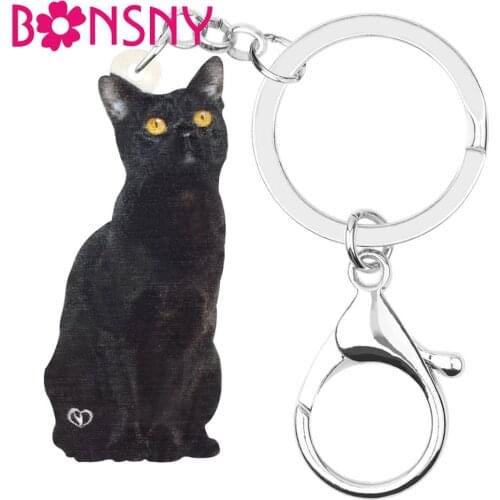 Bonsny Acrylic Sitting Black Bombay Cat Keychains Lovely Animal Kitten Keyring Jewelry For Women Kid Friends Fashion Gift Charms