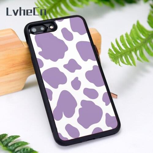 LvheCn Silicone Rubber Phone Case Cover for iPhone 6 6S 7 8 Plus X XS XR 11 12 Mini Pro Max Cow Purple Stains White Background