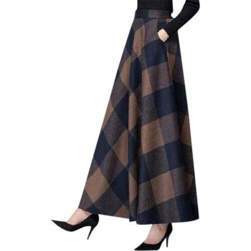 Elegant Plaid Wool Skirts Women Warm High Waist Ankle Length Skirts Korean Office Clothes For Winter 2020 Casual Checkered Leaf
