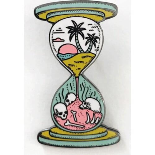 Hourglass enamel pin skull bones brooch sunrise coconut tree badge natural landscape pins time jewelry pastel art gift