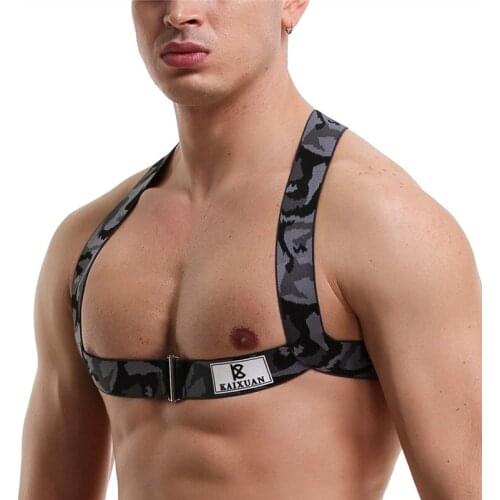 Elastic Band Harness Men Sexy Shoulder Straps Chest Bondage Muscle Halter Belt with Metal O-rings Club Party Hollow Costume