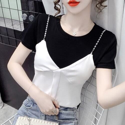 Woman Tshirts Fashion Beading Short Regular Summer New Female Tees Sweet Casual Slim Fit Short Solid O-Neck Femme Tops S0216