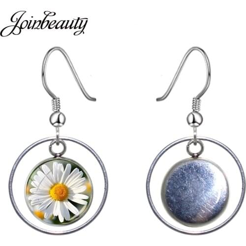 JOINBEAUTY Cute Daisy Flower Art Picture Round Pendant Earrings Women Romantic Hollow Out Dangle Earrings Handmade Jewelry KT419