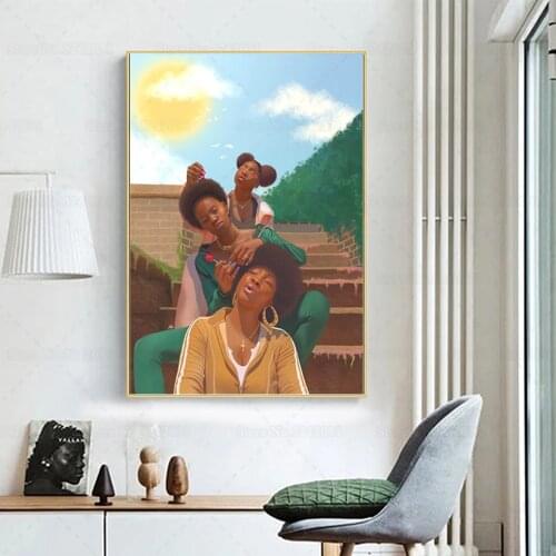 There’s Power In The Puff Canvas Painting 90s Black Girl Hair Braiding Black Woman Wall Art Print Poster Decor