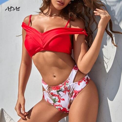 High Waist Bikini Print 2 Piece Set Womens Swimwear 2021sexy V-Neck Solid Hollowed-Out Biquinie Beach Wear Backless Monokini