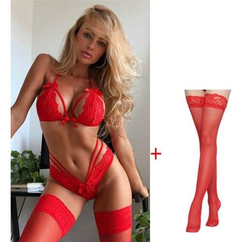 Women 3Piece Set Red Sexy Lingerie Transparent Bowknot Bra And Panty Set Add Net Stockings Lace Brief Sets Erotic Underwear Set