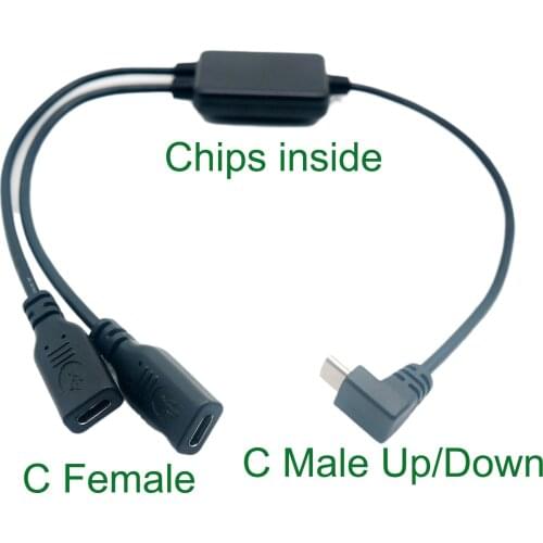 Multifunction 2 in 1 USB 3.1 C Down/UP Angled Male to 2x C Female Extension Data OTG Charger Y Splitter Adapter Cable