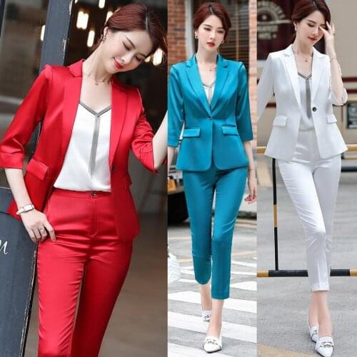 Fashion Casual Red Blue Blazer for Women Business Suits with Pant and Jackets Sets Office Ladies Work Wear Pantsuits