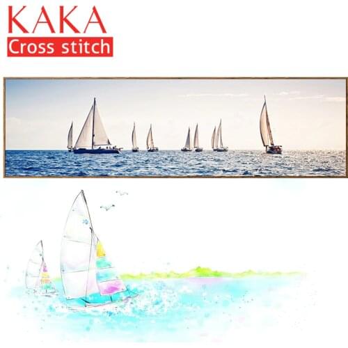 KAKA Cross stitch kits,5D Sea Sailboat Scenery,Embroidery needlework sets with printed pattern,11CT canvas,Home Decor Painting