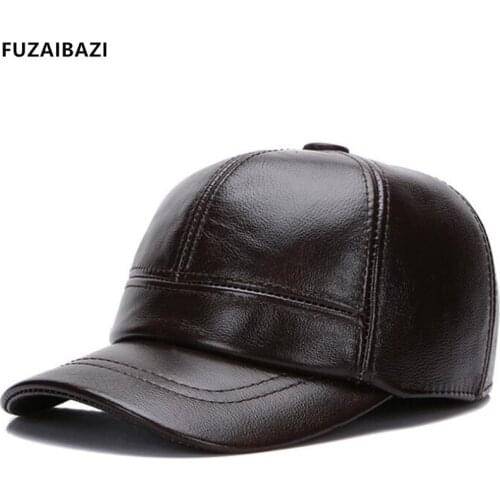 FUZAIBAZI New Adjustable Size Genuine Leather Hat For Men Winter Fashion Cowhide Baseball Cap Thermal Ear Protection Dad Hats