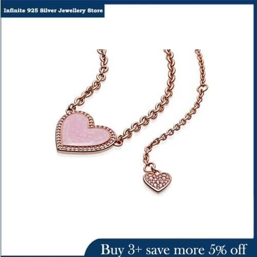 2021 Valentines Day Trendy 925 Sterling Silver Pink Heart Necklace Crystal Necklaces For Women Brand Original Fashion Jewelry