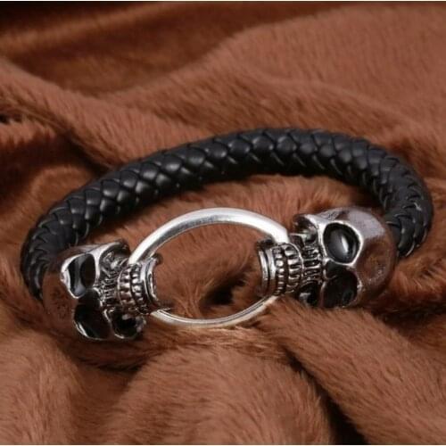 Gothic Jewelry Black Braided Leather Double Skull Bracelet Mens Punk Bracelet Jewelry