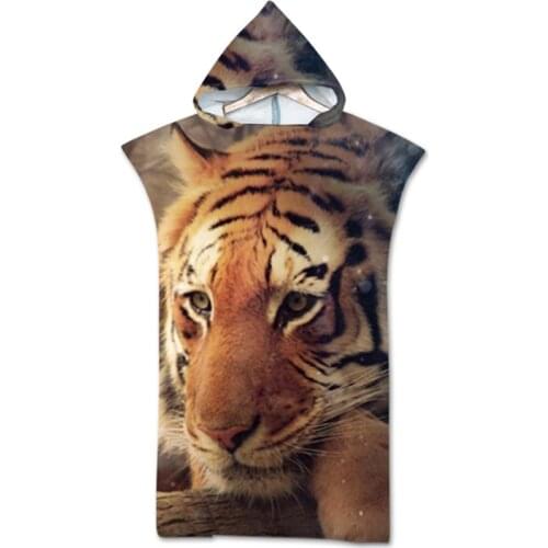 3D Print Hooded Beach Towel Microfiber Animal Tiger Changing Bath Robe Surf Poncho Towel for Swimming Beach Soft Adults Bathrobe