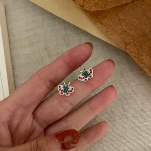 Origin Summer Cute Fairy Rainbow Enamel Butterfly Earrings for Women Colorful Simulation Wing Small Stud Earrings French Jewelry