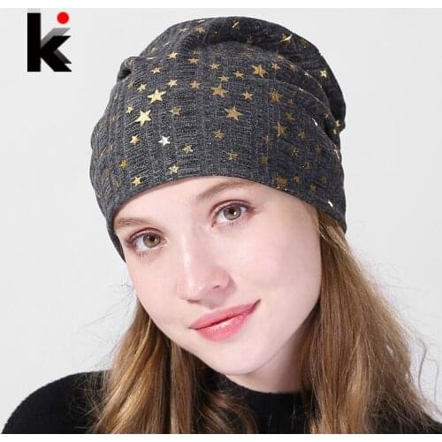 Womens Beanies Hat Autumn Cotton Bronzing Stars Bonnets Cap Ladies Solid Comfortable Skullies Beanie Women Fashion Spring Hat