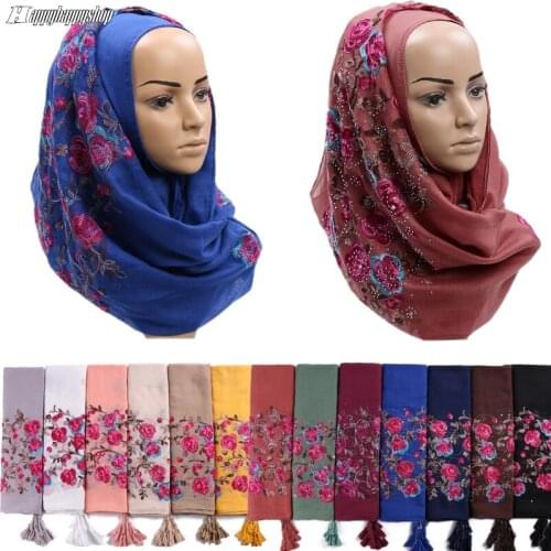 High Quality Embroidery Floral Hijab Long Scarf Diamond Tassels Scarves Muslim Turban Headband Wraps Shawls Party Gift Pashmina