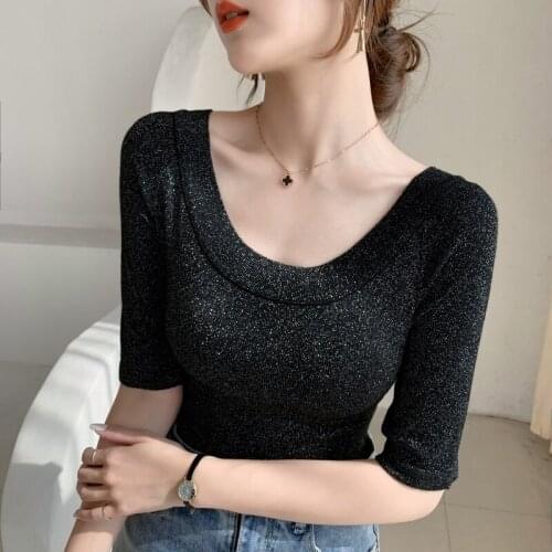 Spring summerO-neck bright silk Short sleeve sweater womens pullover sweater Slim bottoming shirt Female t-shirt