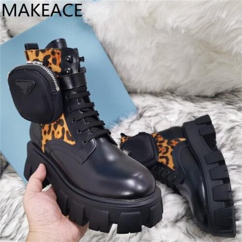 Spring Black Fashion Pocket Boot for Women Boots Thick Bottom Lace Up Military Combat Runway Buckle Strap Ankle Boot 2021 New