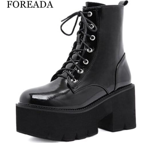 FOREADA Woman Shoes Motorcycle Boots Autumn High Heel Round Toe Zipper Ladies Footwear Platform Thick Heel Ankle Boots 43 Black