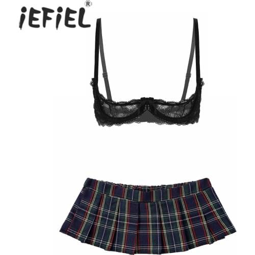 Women Floral Lace See-through Open Cup Bra Tops with Low Rise Plaid Pleated Mini Skirt Erotic Lingerie Costume for Nightclub