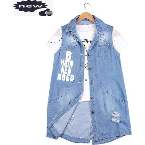 Women Hole Ripped Denim Vest Plus Size S-9XL Sleeveless Jacket Female Letter Printed Boyfriend Long Style Casual Jeans Waistcoat