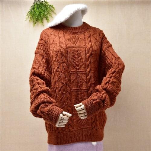 Top quality ladies women 100% wool hand knit vintage winter warm twist braid loose oversize long sleeves pullover jumper sweater