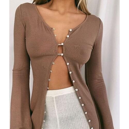 2020 Sexy Split Bodycon Mini Dresses Women Buttons V Neck Autumn Long Sleeve Short Dress Ladies Basic Fashion Brown Skinny