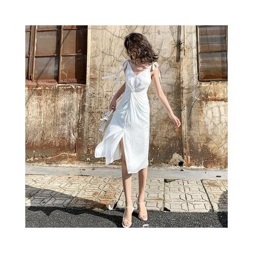 Fashion suspender dress female summer New high-quality white temperament seaside vacation v-neck retro Chiffon dress women