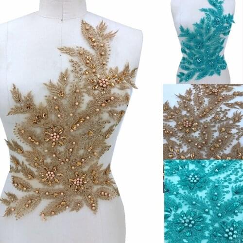 1Piece Blue Khaki Handmade Rhinestones Pearls Stones Lace Applique on Mesh Tulle Sewing Beads Patches for Dress Accessory