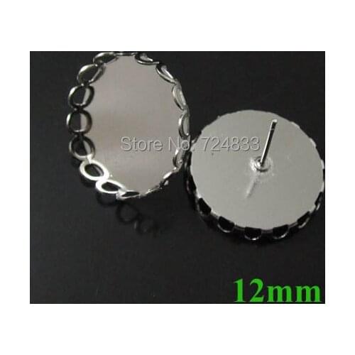 10pcs Rhodium tone Stud Earring Base 12mm Glass Cameo Cabochon Bezel Settings DIY Post Pin Earrings Findings