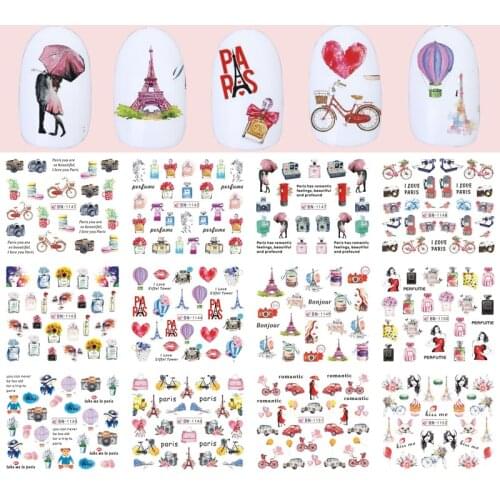 12pcs Romantic Paris Designs Nail Art Stickers Decals Cartoon Perfume Sliders On Nails Wraps Tip Charms Decoration TRBN1141-1152