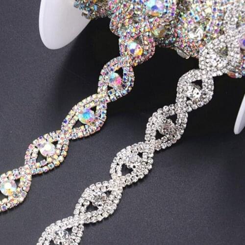 5yards Crystal Applique Lace Trim Rhinestone Costume Belt Decoration Chain Wedding Dress Headwear Collar Hand Sewing Accessories