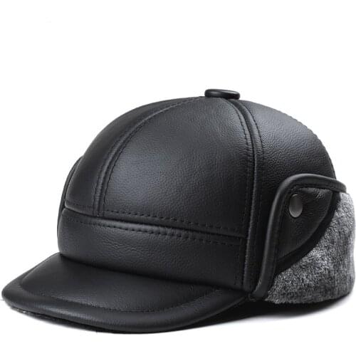 Mens Genuine Leather Baseball Caps Hats Russian Winter Snow Warm Baseball Hat / Cap With Faux Fur Inside For Old Man