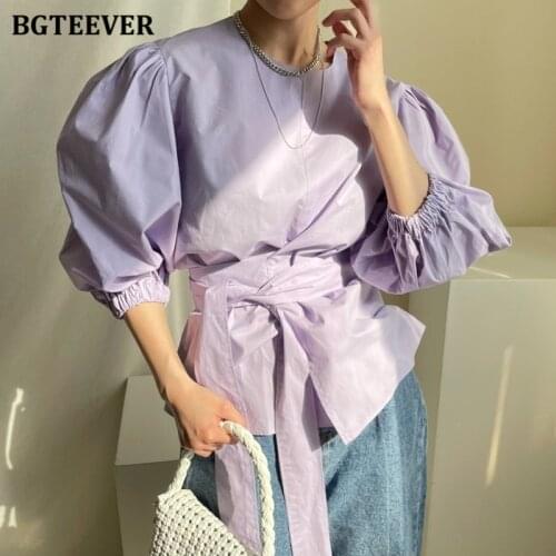 BGTEEVER Vintage O-neck Ladies Solid Blouses Tops Puff Sleeve Lace-up Loose Women Shirts Casual Female Pullovers Blusas 2021