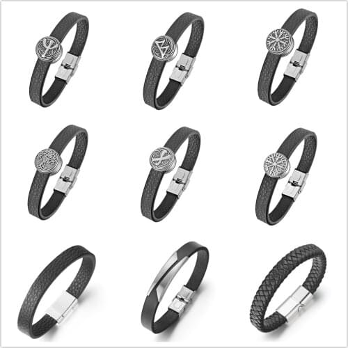 Handmade PU Leather Bracelets For Men DIY Paracord Beads Viking Rune Charm Punk Vintage Charm Bangle Bracelet Gift