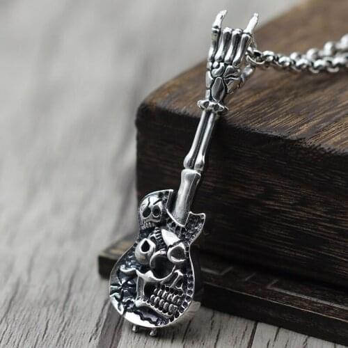 Guitar all-match silver skeleton personality Necklace Pendant in S925 Sterling Silver old men and women unique Pendant