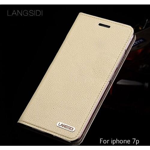 LANGSIDI genuine calf leather litchi texture for iphone X 5 5s 6 6s 6sp 7 7P 8 8P SE 2020 flip phone case all hand-custom