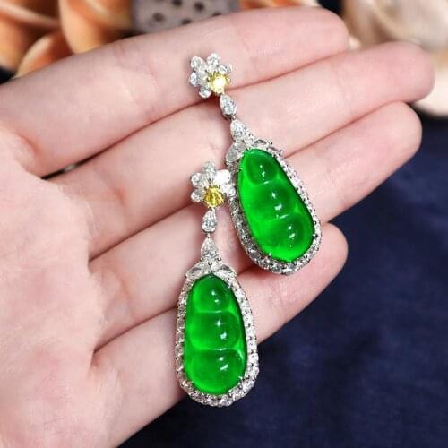 Designer original silver inlaid zhengyang green blessed bean chalcedony earrings exquisite and elegant ladies jewelry