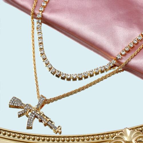 Flatfoosie Gold Silver Color Rhinestone Tennis Chain Necklace Sets for Women Crystal AK47 Gun Pendant Necklace Statement Jewelry
