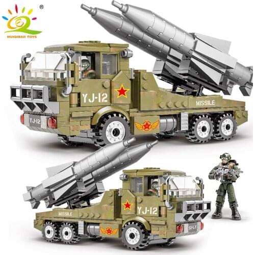 HUIQIBAO 375pcs Army WW2 Armored Missile Car Building Blocks For Children Military Truck Vehicle Soldier Figures Bricks TOYS