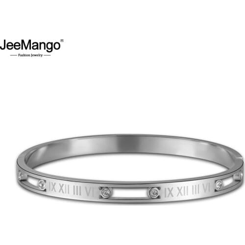 JeeMango Titanium Stainless Steel Fashion Roman Alphabet Gold Color Wedding Bracelets & Bangles Jewelry For Women Gifts JB17005